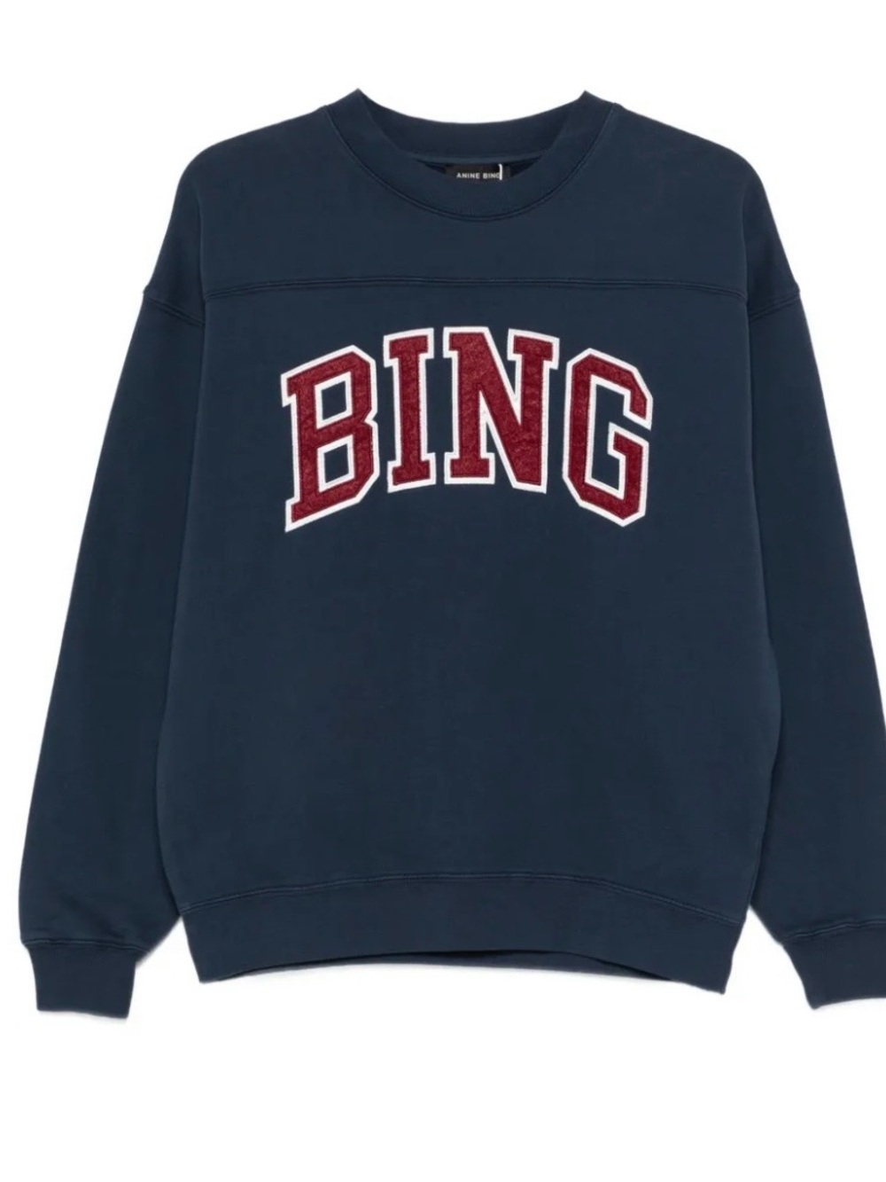 Anine Bing Navy Crewneck with Burgundy 'BING' Appliqué